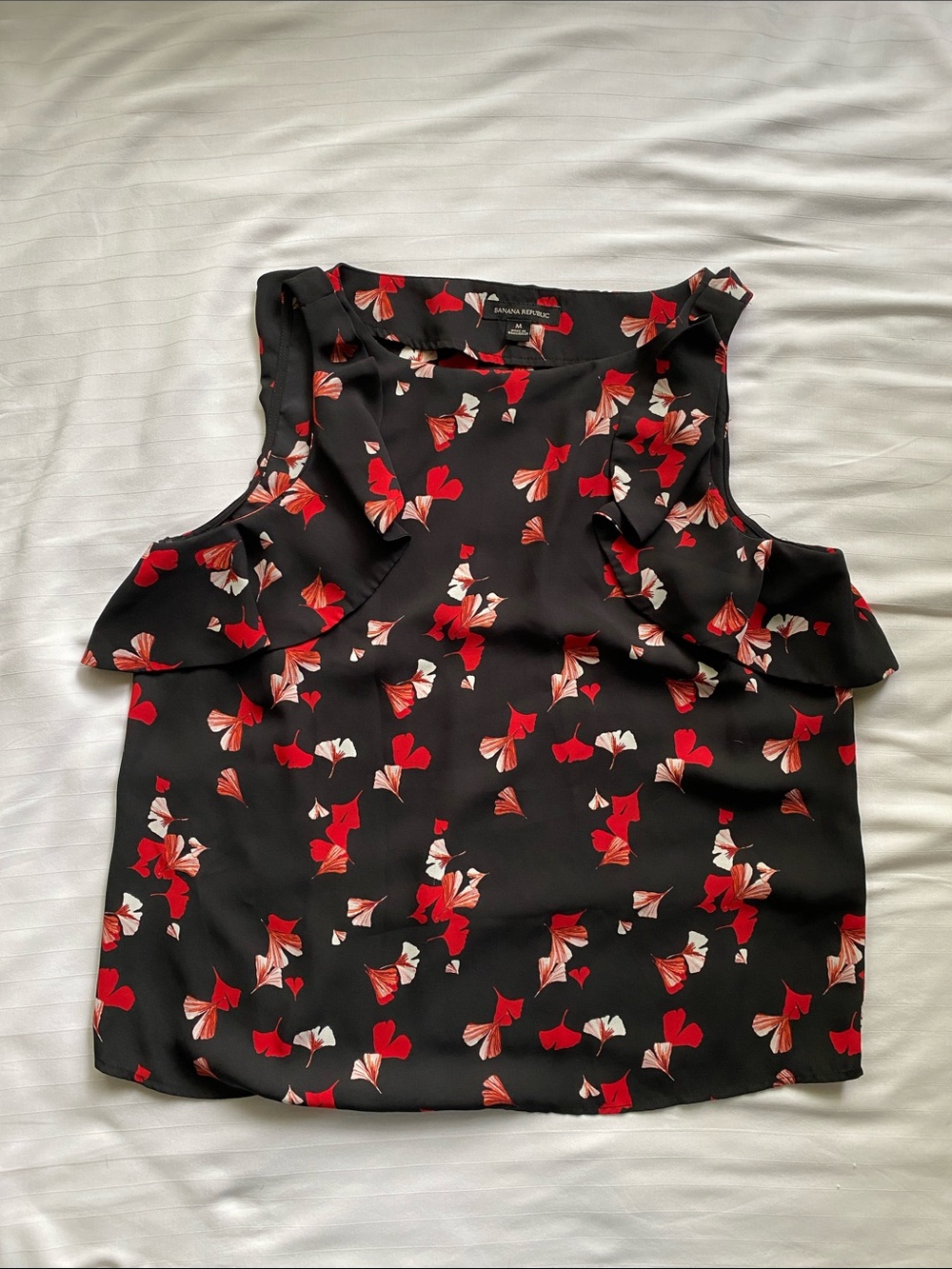 Banana Republic Black Red and Cream Floral Ruffle Blouse
